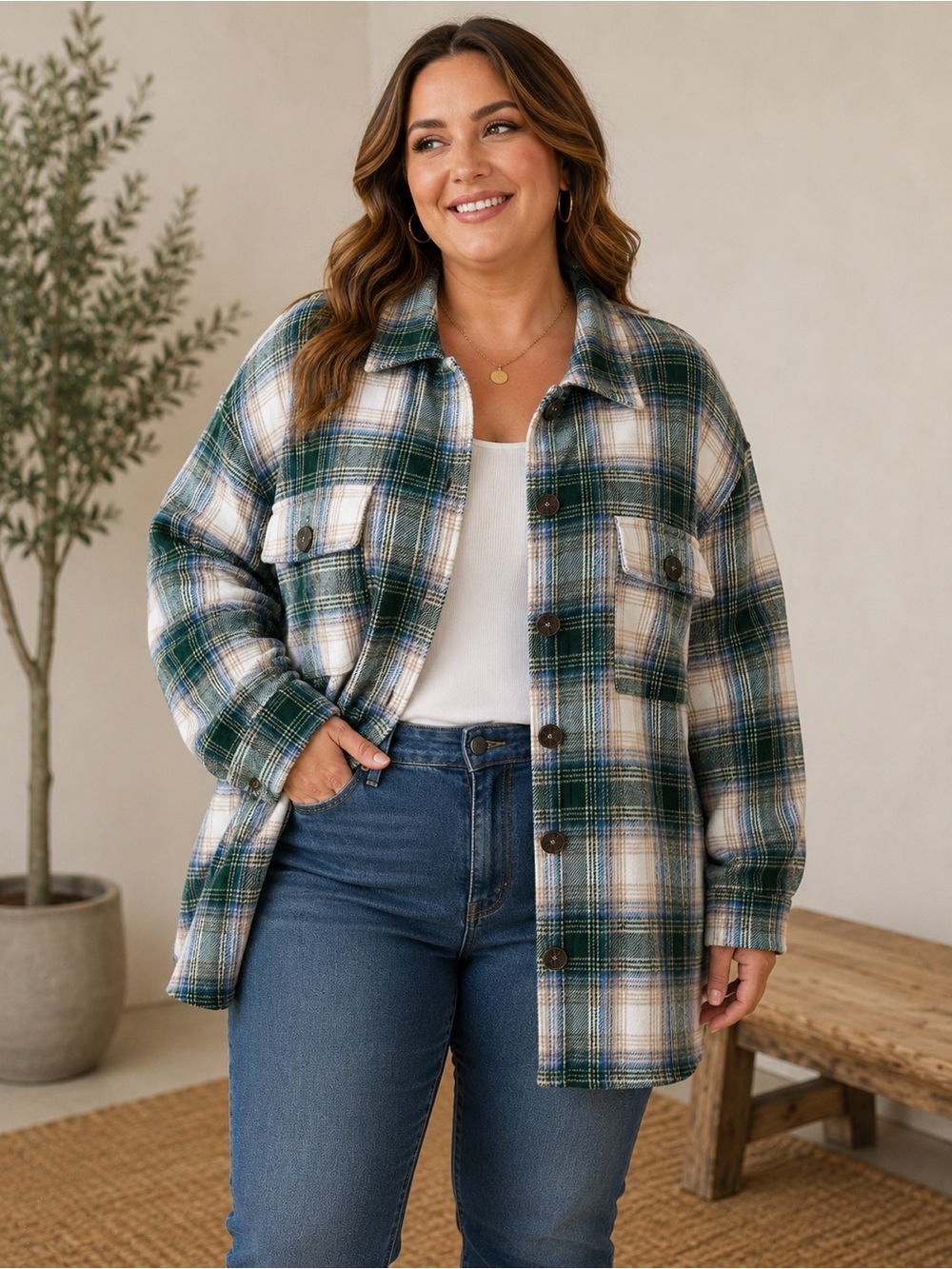 Jodifl Green Plaid Shacket | Size 2X | Button Front